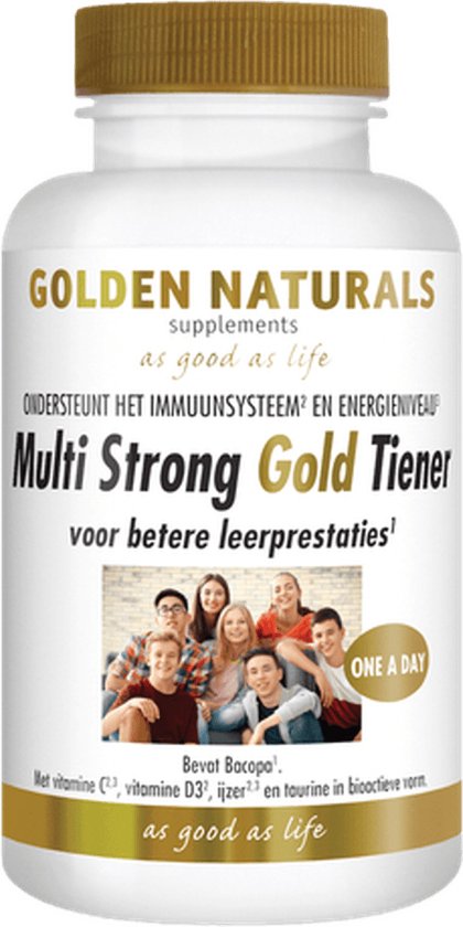 Fles van 60 Multi Strong Gold Tiener tabletten met afbeelding van 7 tieners. "Ondersteunt het immuunsysteem en energieniveau".