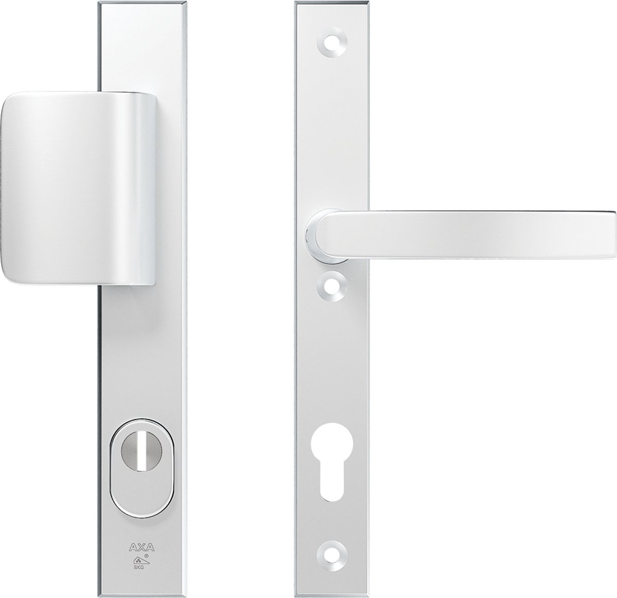 AXA Veiligheidsbeslag (Edge Plus) Smal Aluminium glad: Duwer-Kruk (model D-duwer/Blok) PC92 met kerntrekbeveiliging SKG***