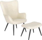 Polaza® Stoel Met Voetenbankje - Fauteuil -  Lounge Chair - Lounge Stoel - Stoel hoge rugleuning en kruk - Stoel voor kantoor - Gebroken wit