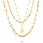 Twice As Nice Halsketting in goudkleurig edelstaal, 3 kettingen, hand met hart hanger 44 cm+5 cm