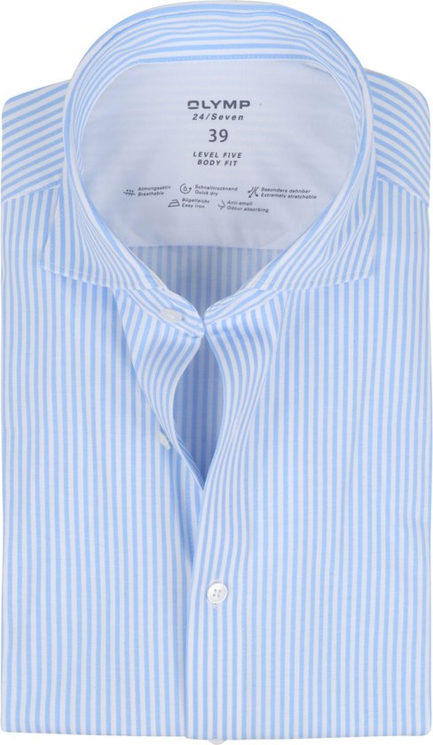 OLYMP Level 5 body fit overhemd 24/7 - lichtblauw met wit gestreept tricot - Strijkvriendelijk - Boordmaat: 42