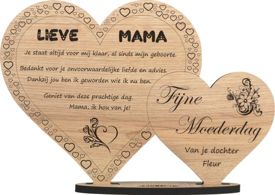 Hartjes Moederdag - houten wenskaart - kaart van hout - gepersonaliseerd -  cadeau mama... | bol.com