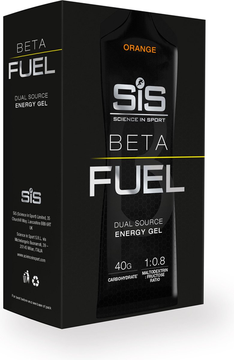 Science in Sport - SIS Beta Fuel - Dual Source energy gel - Orange smaak - 1 0,8 Maltodextrine Fructose verhouding - 40 gram koolhydraten per gel - 6 x 60ml