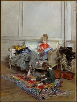 Kunst:  Giovanni Boldini, Young Woman Crocheting, 1875, Schilderij op canvas, formaat is 75X100 CM