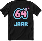 64 Jaar Feest kado T-Shirt Heren / Dames - Perfect Verjaardag Cadeau Shirt - Licht Blauw / Licht Roze - Maat L