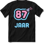 87 Jaar Feest kado T-Shirt Heren / Dames - Perfect Verjaardag Cadeau Shirt - Licht Blauw / Licht Roze - Maat XL