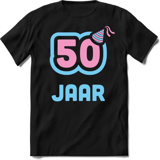 Foto: 50 jaar feest kado t shirt heren dames perfect verjaardag cadeau shirt licht blauw licht roze maat s