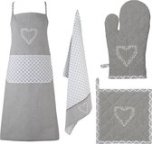 Keukenschort set - Keukenschort, Pannenlap, Ovenwant, Theedoek Keukentextiel Set -  Grijs Wit Katoen Hartjes