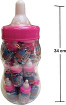 Candy Fun Bottle Feeders - Grote babyfles gevuld met 20 kleine baby flesjes - roze - Spaarpot- Geboorte versiering meisje - cadeau - snoep - traktatie