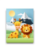 Schilderij  Giraf en leeuw met berg en zonnetje midden - dieren van papier / Jungle / Safari / 40x30cm