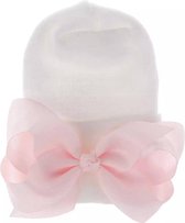 Baby geboortemuts / newbornmuts - Wit met roze strik - 0-3 maanden