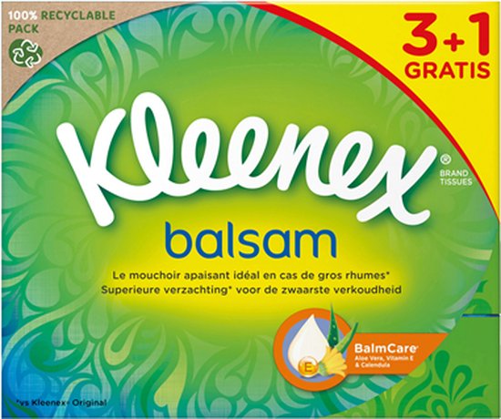 Kleenex Balsam 3+1 gratuit, emballage 100% recyclable, contient 65 mouchoirs.