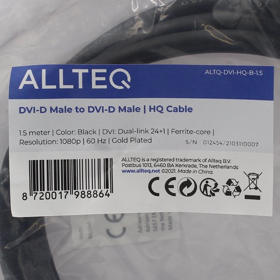 DVI-D kabel - Dual link - Verguld - 1.5 meter - Zwart - Allteq - Allteq