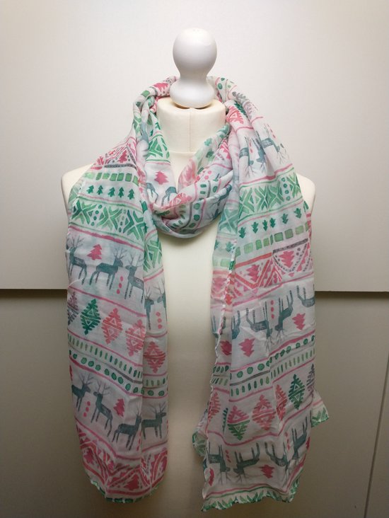 Lange dames sjaal Hermine fantasiemotief groen wit roze