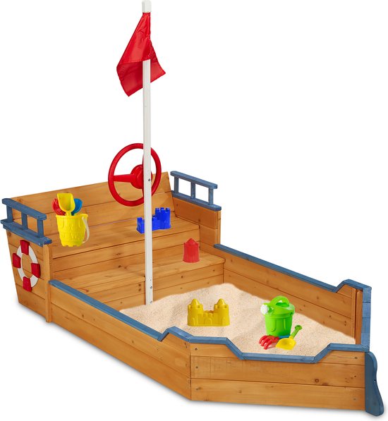 Relaxdays houten zandbak boot - grote kinderzandbak piratenschip - tuin - peuter - buiten