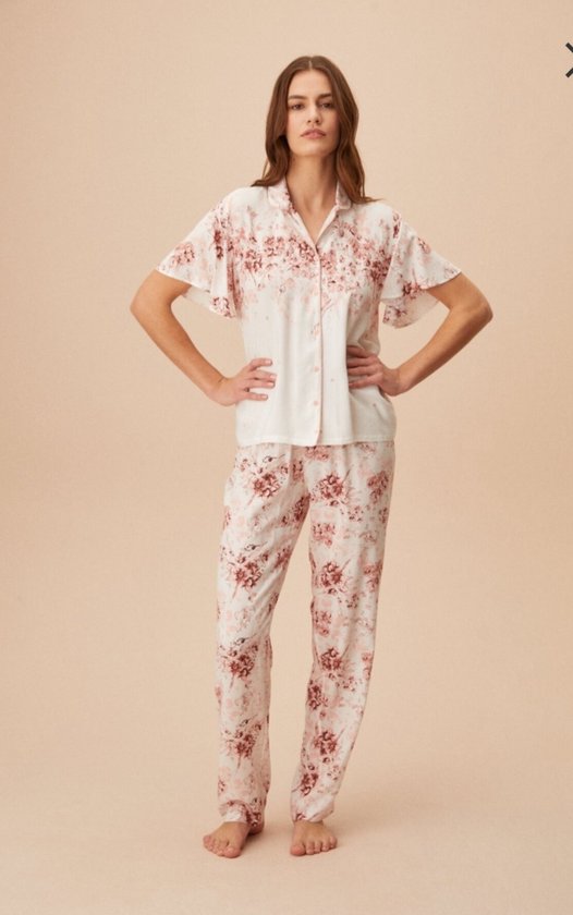 Suwen- Dames Pyjama Set -Homewear -Satijn- Korte Mouwen Ecru Maat XL