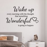 Stickerheld - Muursticker "Wake up every morning that something wonderful is going to happen" Quote - Slaapkamer - Hartjes - Engelse Teksten - Mat Zwart - 55x88.2cm