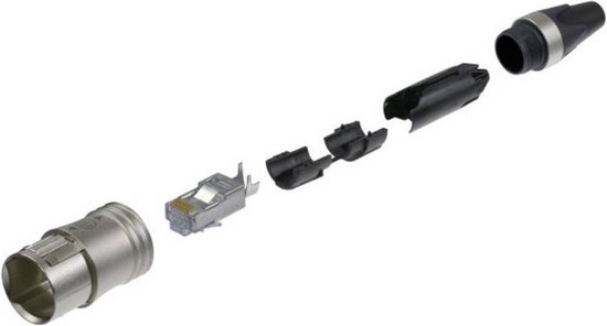 Zilverkleurige en zwarte connectoronderdelen, waaronder een RJ45-connector, in uit elkaar gehaalde staat.