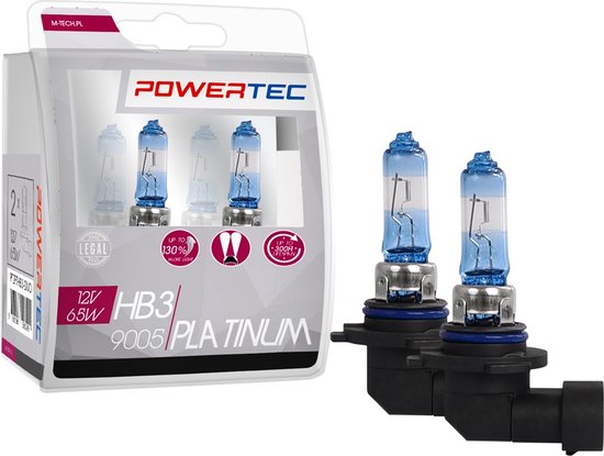 Twee Powertec HB3 9005 Platinum gloeilampen, 12V 65W, met blauwgetint glas.