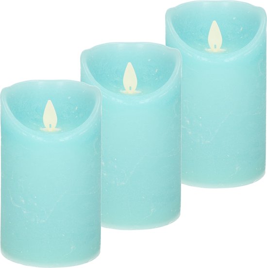 3x Aqua blauwe LED kaarsen / stompkaarsen 12,5 cm - Luxe kaarsen op batterijen met bewegende vlam