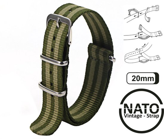 Bracelet Nato 20 mm Army Green - Vintage James Bond - Collection Nato Strap - Homme - Bracelets de montre - Largeur de bande 20 mm pour par ex. Seiko Rolex Omega Casio et Citizen