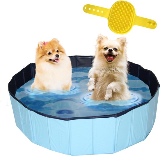 Lendo - Hondenzwembad Ø120x30cm - Bad voor honden - Hondenbad - Dierenzwembad - Opzetzwembad - inklapbaar - PVC - Blauw- Inclusief Hondenborstel Kam