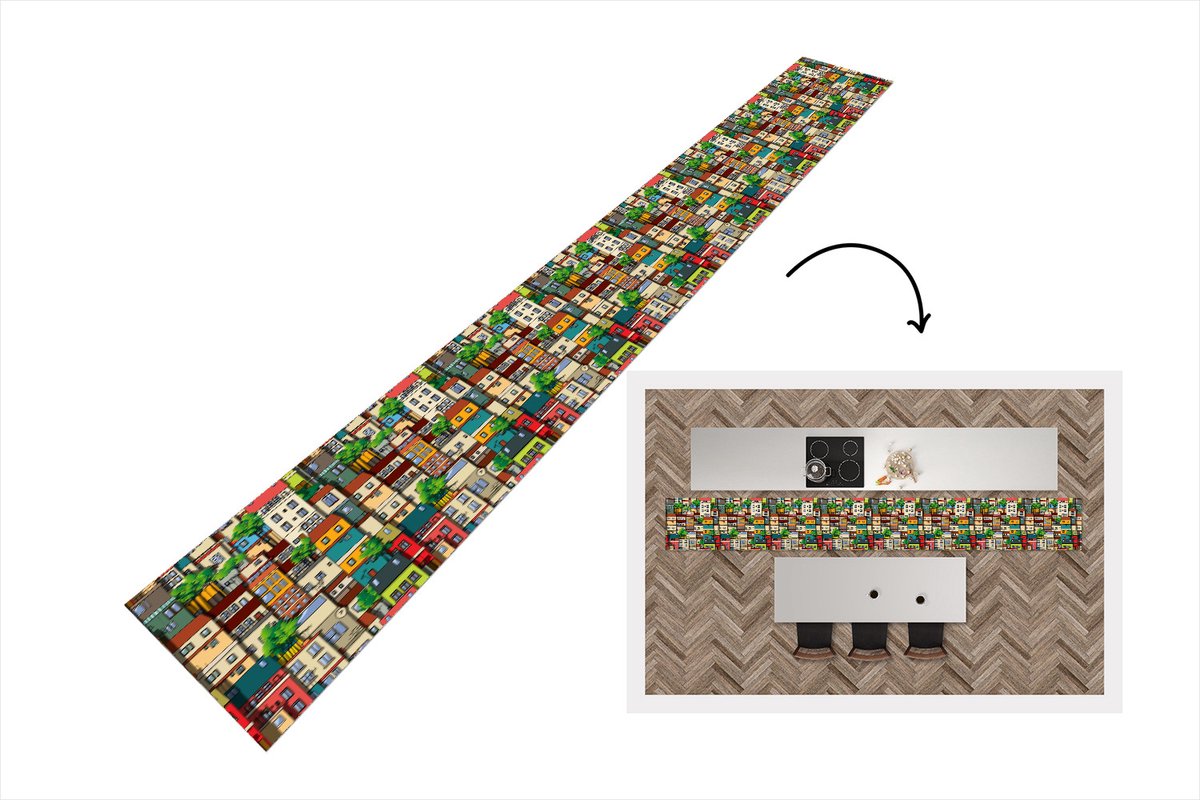 KitchenYeah Keukenloper - Keukenmat - Patronen - Huis - Boom - 400x50 cm - Keuken vloerkleed Multicolor