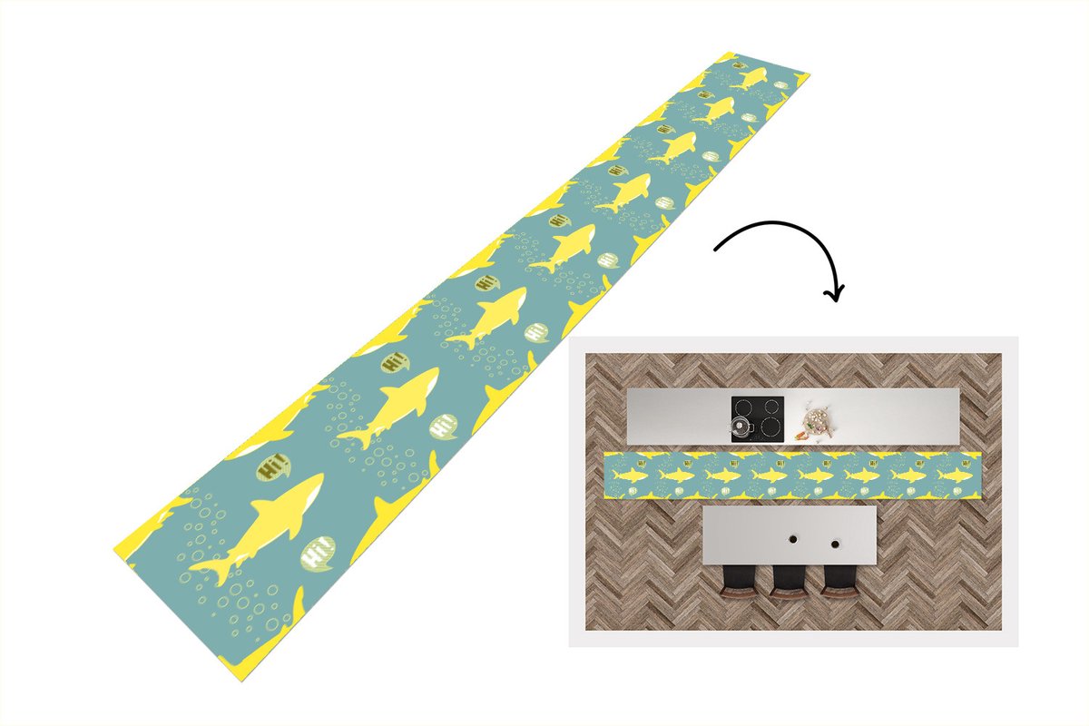 KitchenYeah Keukenloper - Keukenmat - Haai - Cartoon - Geel - Patronen - Tiener - 480x60 cm - Keuken vloerkleed Multicolor