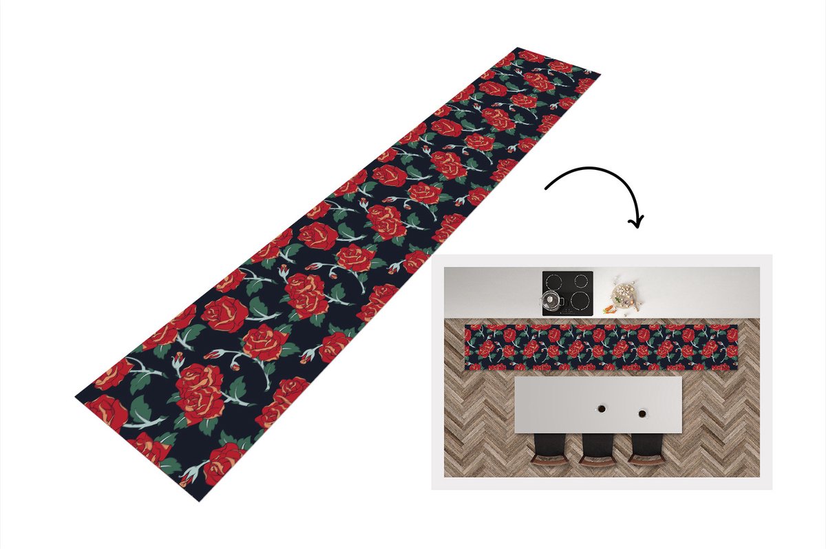 KitchenYeah Keukenloper - Keukenmat - Rozen - Bloem - Patroon - Rood - 360x60 cm - Keuken vloerkleed Multicolor