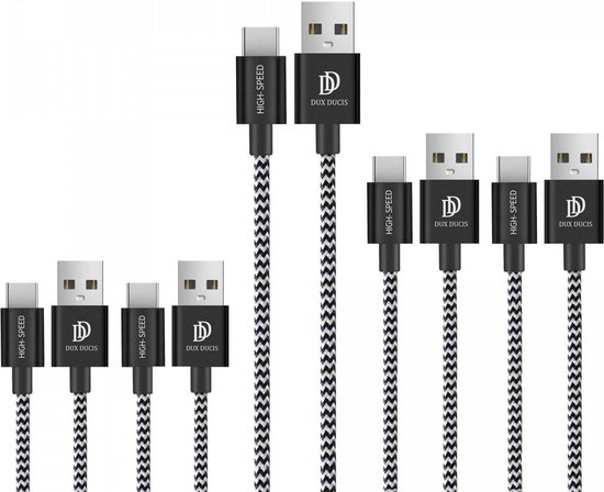 Dux Ducis 2.1A Charge Fast USB-A vers USB-C Set de 5 Câbles (2x 1M + 2x 2M + 1x 3M) Zwart/ Wit