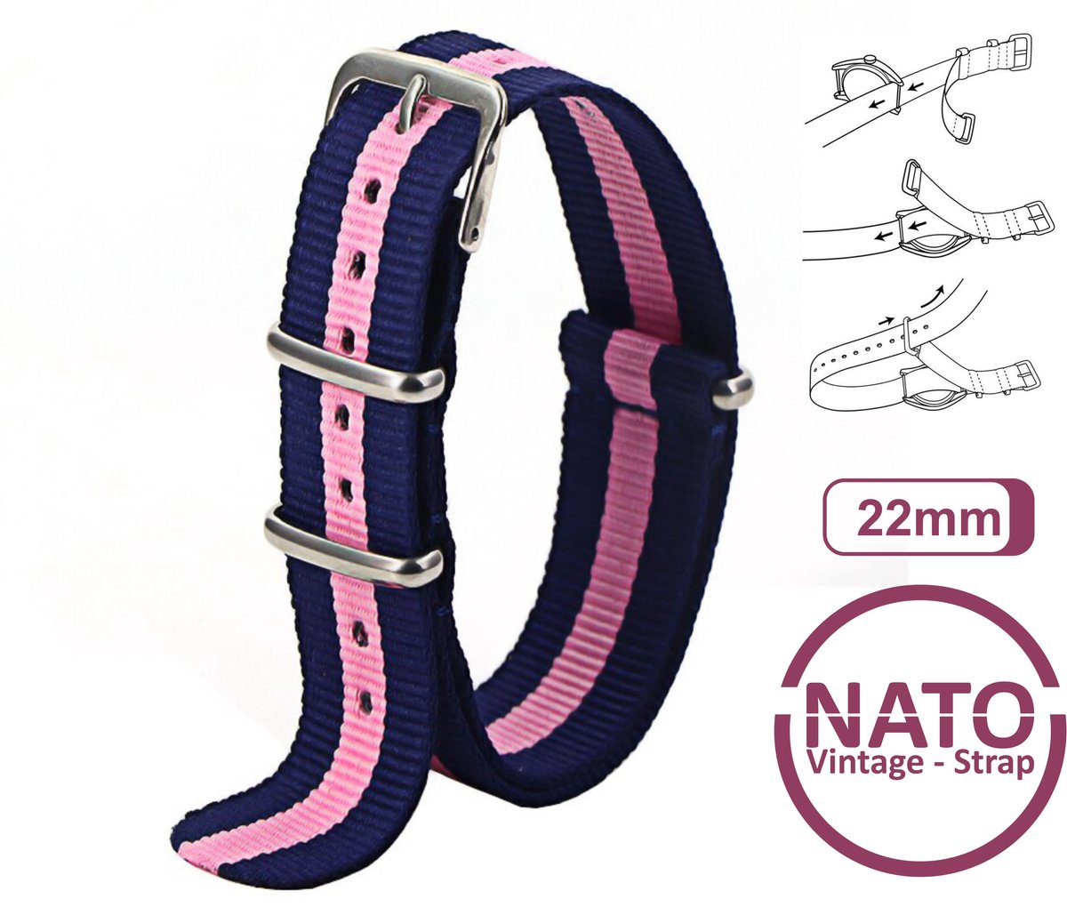 22mm Nato Strap Blauw met Roze streep - Vintage James Bond - Nato Strap collectie - Mannen - Horlogebanden - Blue Pink - 22 mm bandbreedte voor oa. Seiko Rolex Omega Casio en Citizen