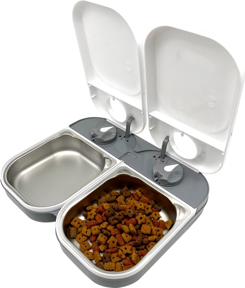 Closer Pets C200 - Automatische voerbak voor huisdieren met 2 maaltijden en roestvrijstalen bakjes - voor katten en kleine honden, voor nat- en droogvoer - wit - Closer Pets