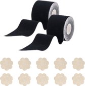 Inodes Duo Pack Boob tape 10 Meter (2,5 cm breed) Zwart (Voor donkere huidskleur) - Plak BH - Strapless BH + Inclusief 10 Tepelcovers - 2 Rollen van 5 Meter