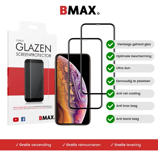 2-pack BMAX geschikt voor iPhone XS Screenprotector Full Cover Glas | Dekt het volledige scherm! | Beschermglas | Tempered Glass