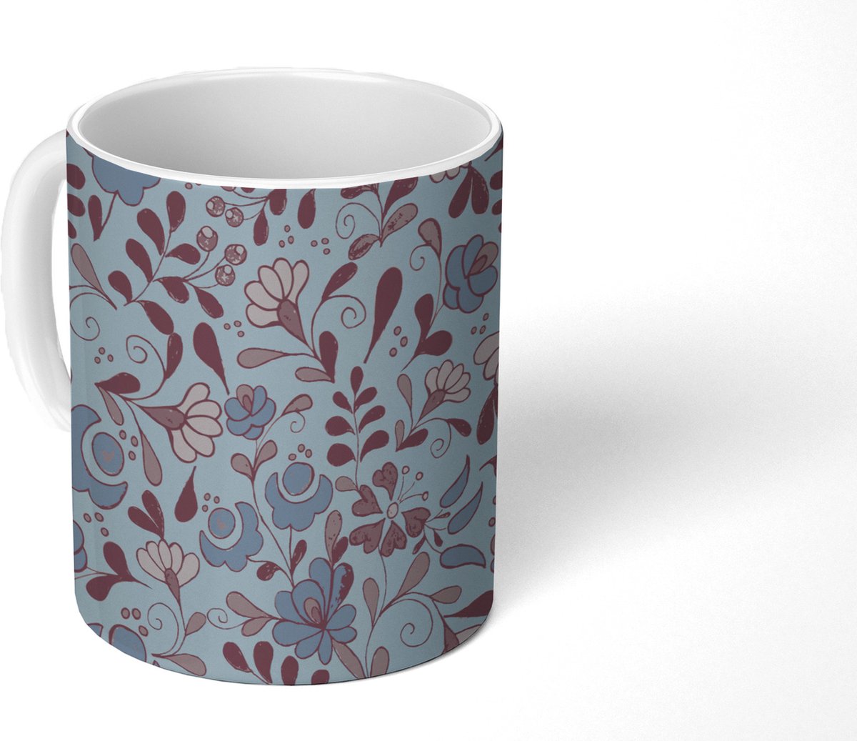 Mok - Koffiemok - Patroon - Bloem - Grijs - Blauw - Mokken - 350 ML - Beker - Koffiemokken - Theemok
