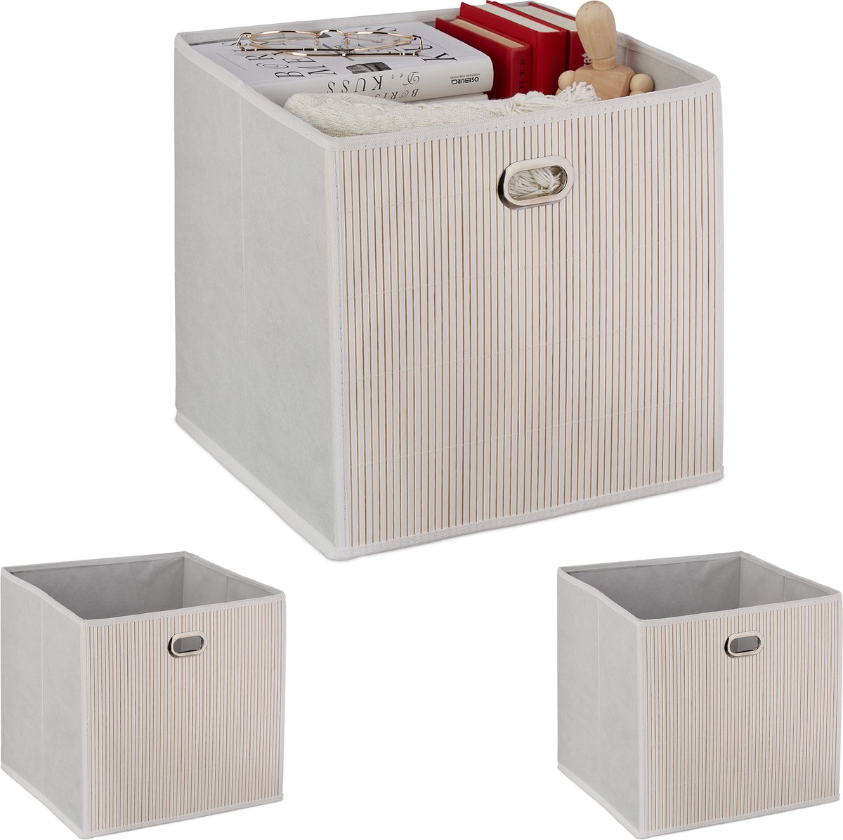 4 x opbergmand bamboe, badkamer, opvouwbaar, laag, vierkant, stoffen