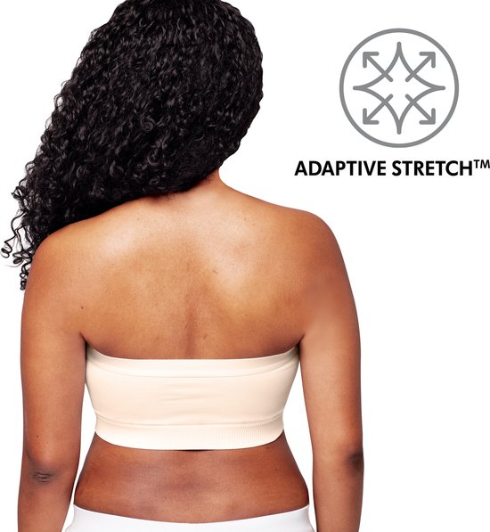 Achterkant van een vrouw met lichtbruine huid die een huidkleurige, zachte strapless kolf bh draagt. Icon met 'Adaptive Stretch'.
