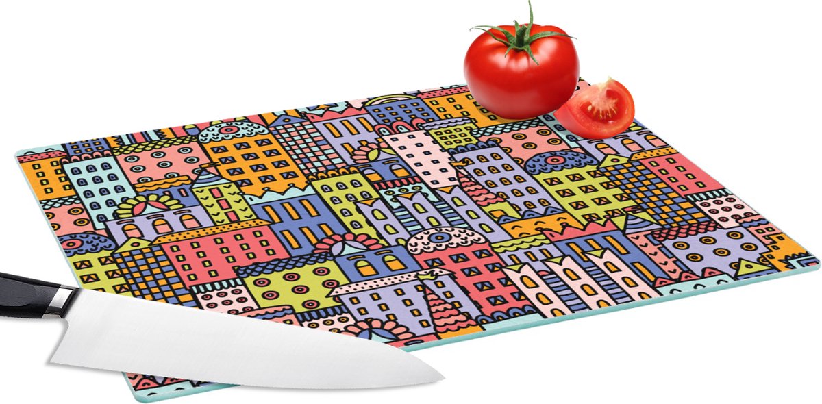 Glazen Snijplank - 39x28 - Huis - Regenboog - Patroon - Snijplanken Glas