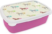 Broodtrommel Roze - Lunchbox - Brooddoos - Meiden - Paarden - Patronen - Girl - Kids - Kinderen - 18x12x6 cm - Kinderen - Meisje