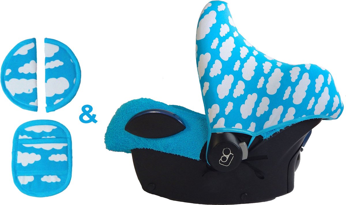 Wallabiezzz Zonnekap en Gordelhoes Baby - Geschikt voor de Maxi Cosi Autostoel - Kraam cadeau - Voordeelverpakking - Aquablauw Wolken