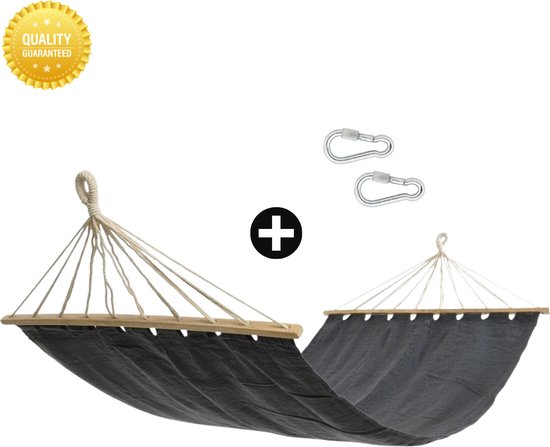 Fleau Luxe Hangmat met Spreidstok - Zwart - 100% Katoen - Comfortabel - Inclusief 2 karabijnhaken - Zonder Standaard - met Bevestigingsmateriaal - 100 x 200cm