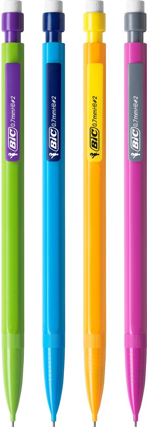 Vier BIC Matic Fun vulpotloden: groen, blauw, geel en roze, van dichtbij.