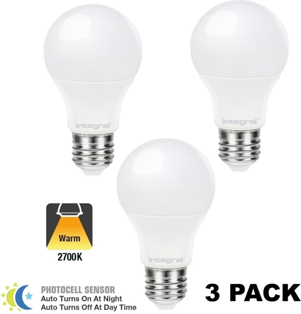 3 pack - Integral LED - E27 LED lamp - 4,8 watt - 470 lumen - 2700K - Dag/nacht sensor - niet dimbaar