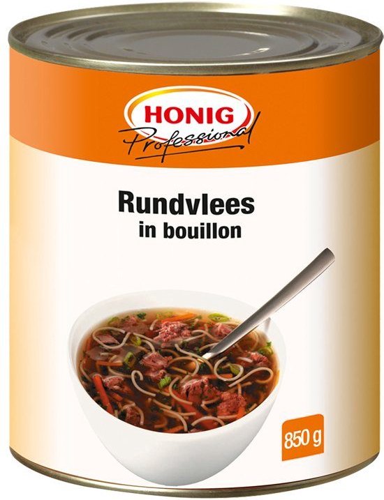 Blik Honig Rundvlees in bouillon, 850 g.