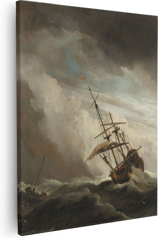 Foto: Artaza canvas schilderij de windstoot een schip in volle zee bij vliegende storm willem van de velde 40x50 poster foto op canvas canvas print