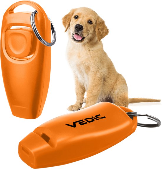 Foto: Vedic luxe clicker met fluit clickertraining oranje bevestigingsring fluit hondentraining