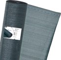 Een rol donkergroen schaduwdoek op een witte achtergrond, met een kleinere rol die productinformatie bevat.