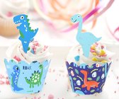 12 stuks cupcake omslagen dinosaurussen blauw + toppers