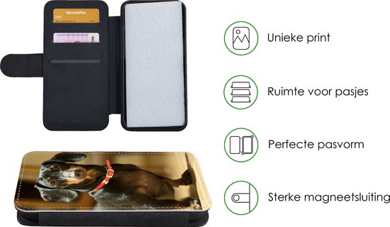 Étui de téléphone adapté à iPhone 7 - Portrait d'un teckel noir - Avec compartiments - Étui portefeuille à fermeture magnétique