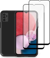 Geschikt voor Samsung A13 4G Hoesje + 2x Screenprotector – Full Cover Gehard Glas – Suède Back Cover Case Zwart